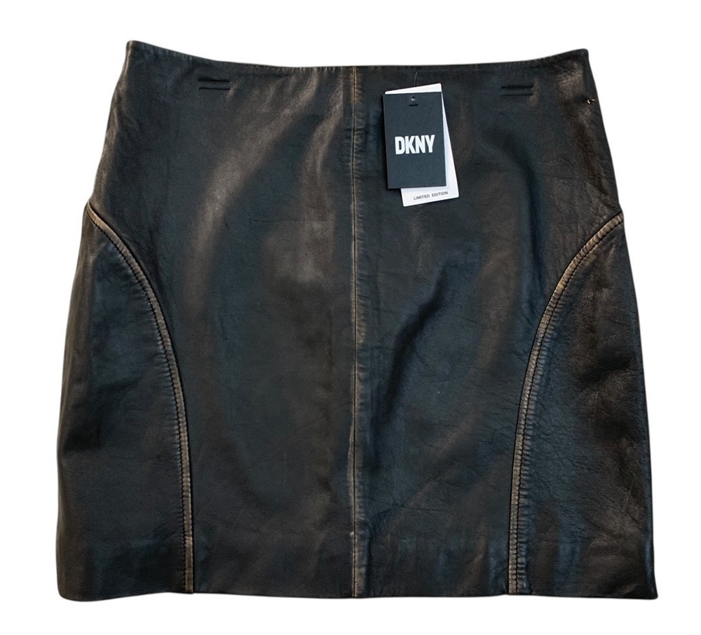 NWD DKNY Women size M Black Hand Distressed Lined Leather Skirt